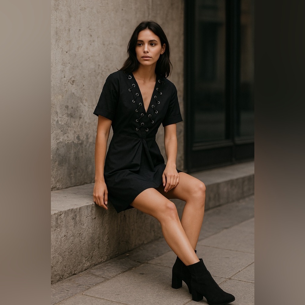 NWT Sandro Clara Lace-Up Black Mini Dress Linen FR 40 US 8 Gothic Academia LBD - Picture 9 of 14